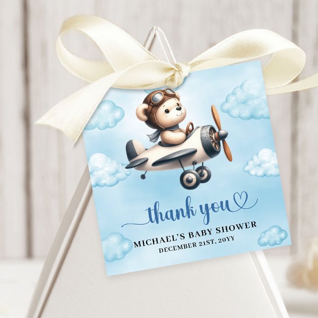 Lovely Blue Brown Teddy Bear Aviator Boy Shower   Geschenkanhänger (Lovely Blue Brown Teddy Bear Aviator Boy Shower Party Favor Tag

)