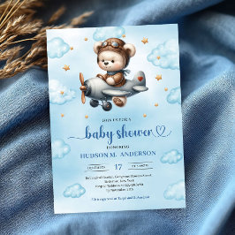 Lovely Boy Shower Invitation Teddy Bear Pilot Blue Einladung