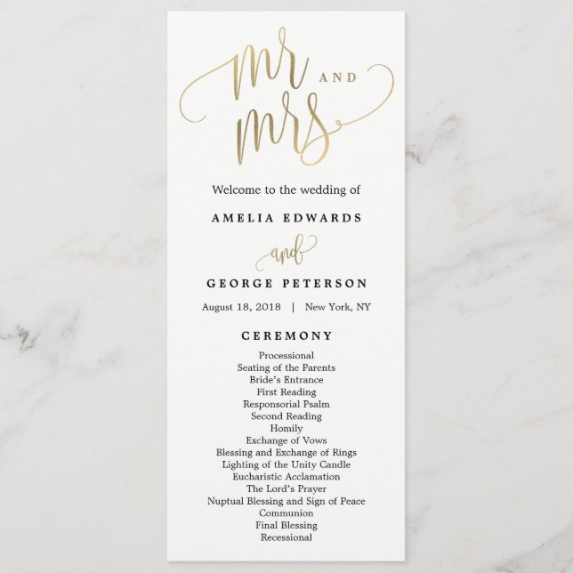 Lovely Calligraphie Programme de mariage Faux Gold (Devant)