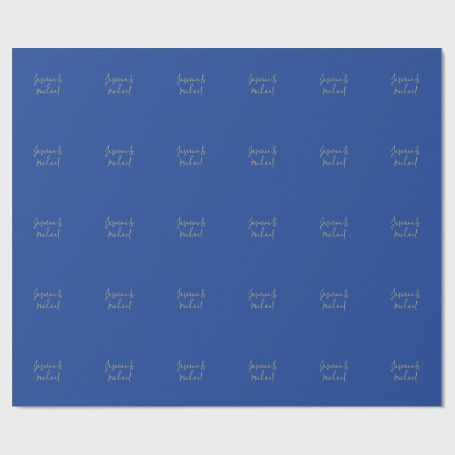 Lovely Chic Calligraphy Couple Names Blue & Gold Geschenkpapier (Flach)