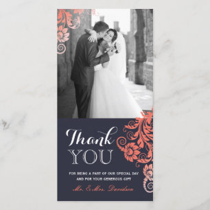 Lovely Coral und Blue Danke Foto Card (4x8)