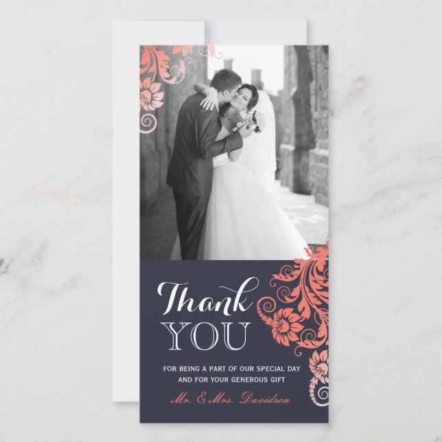 Lovely Coral und Blue Danke Foto Card (4x8) (Vorderseite)