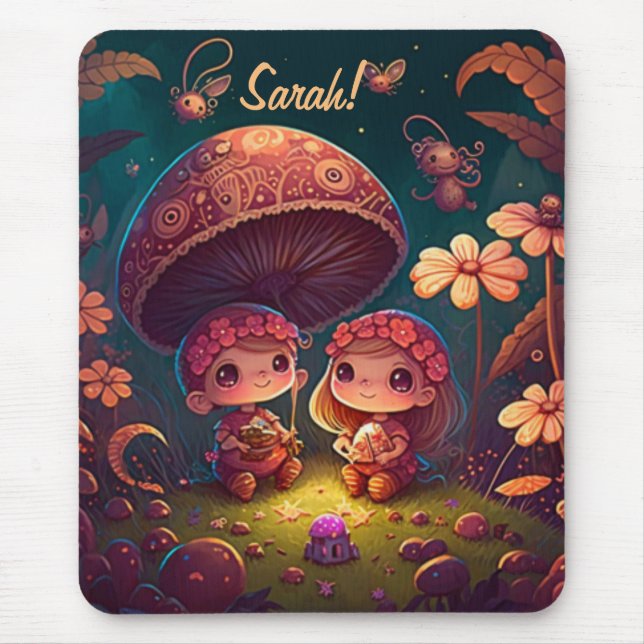 Lovely cute elves play under mushrooms             mousepad (Vorne)