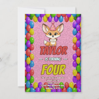 Lovely Fennec Fox 4th Birthday Invitation