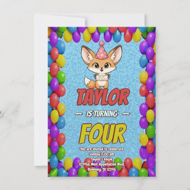 Lovely Fennec Fox 4th Birthday Invitation (Devant)