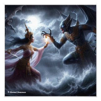 Lovely girl figthing a monster fotodruck