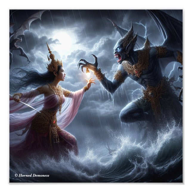 Lovely girl figthing a monster fotodruck (Vorne)