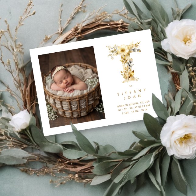 Lovely Gold L Initial with Romantic Floral Design (Lovely Gold T Initial with Romantic Floral Design for Newborn Photo Announcement Card.)