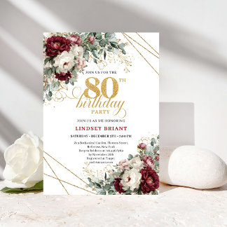 Lovely Marsala Floral Eucalyptus Gold 80 Birthday Einladung