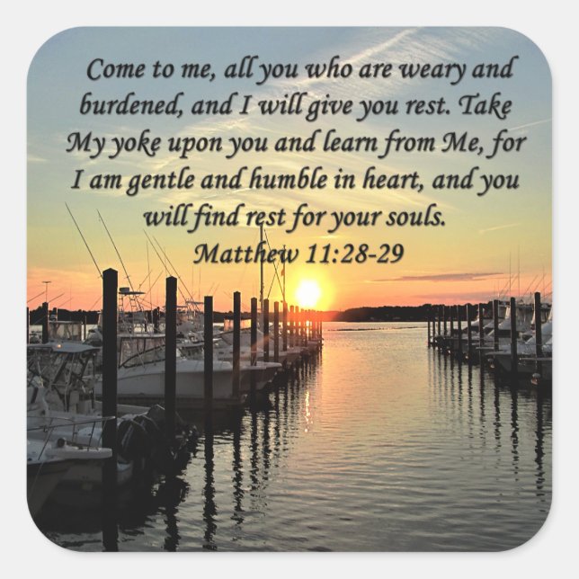 LOVELY MATTHEW 11:28 SONNENSTRECKE ÜBER DEM SEE-FO QUADRATISCHER AUFKLEBER (Vorderseite)