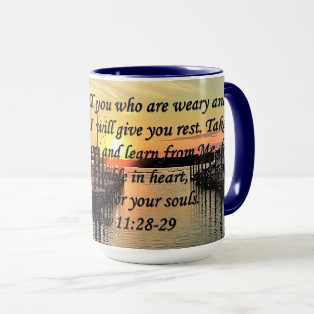 LOVELY MATTHEW 11:28 SONNENSTRECKE ÜBER DEM SEE-FO TASSE (VorderseiteRechts)