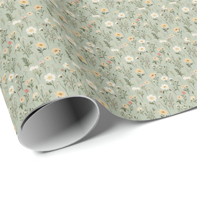 Lovely Meadow Flowers on Green Geschenkpapier (Rolleneckpunkt)