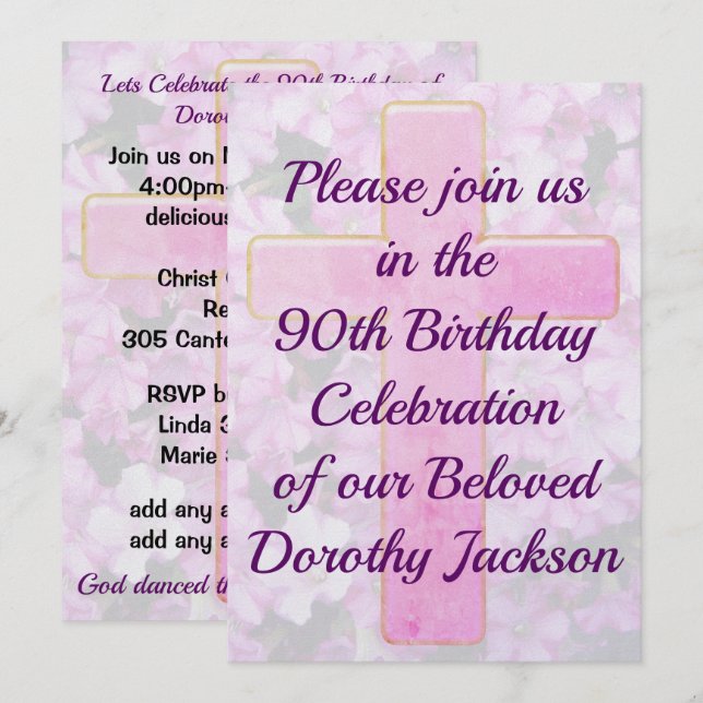 LOVELY PINK CROSS 90. GEBURTSTAG EINLADUNG (Vorne/Hinten)