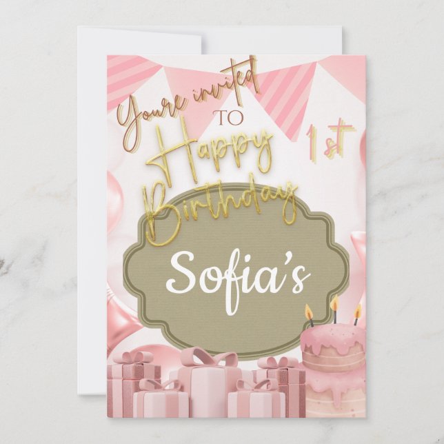 Lovely Pink Happy1st Invitation d'anniversaire (Devant)