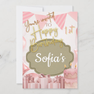 Lovely Pink Happy1st Invitation d'anniversaire