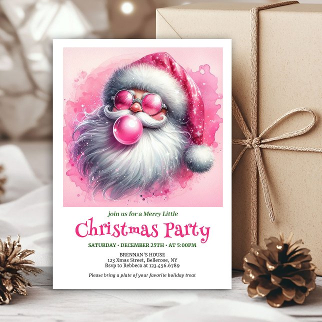 Lovely pink santa bubble gum watercolor Christmas Einladung (Lovely pink santa bubble gum watercolor Xmas invite)