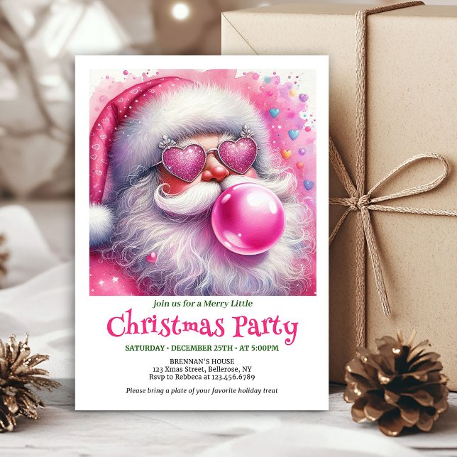 Lovely pink santa chewing gum watercolor invite  einladung (Lovely pink santa chewing gum watercolor invite card)
