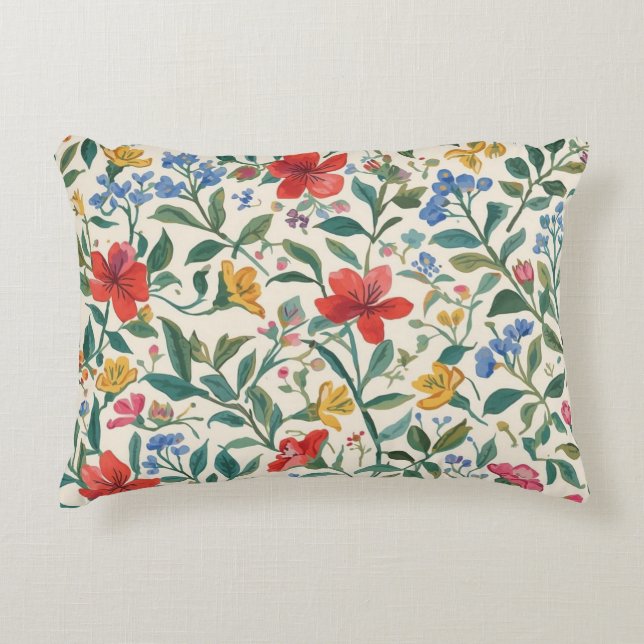 Lovely, Red Yellow Blue Flowers and Leaves Pattern Dekokissen (Vorderseite)