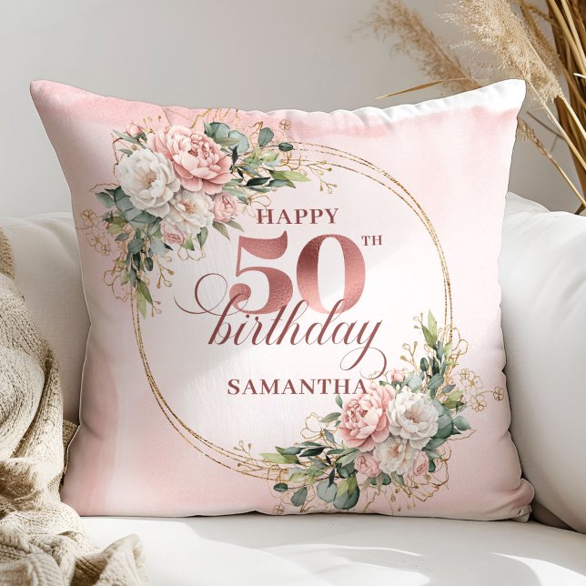 Lovely Rose Gold Blush Floral 50th Birthday Cushio Kissen (Lovely Rose Gold Blush Floral 50th Birthday Cushion Gift

)