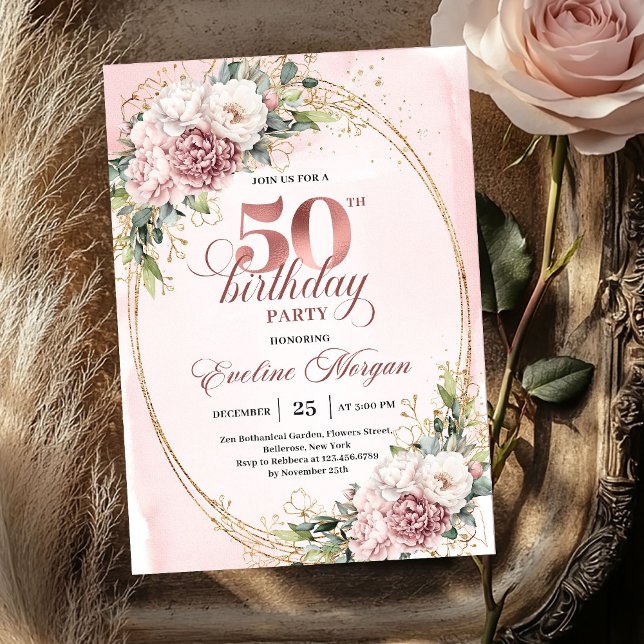Lovely Rose Gold Blush Flowers 50th Birthday Party Einladung (Lovely Rose Gold Blush Flowers 50th Birthday Party Invite

)