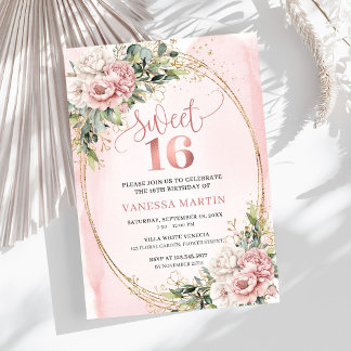 Lovely Rose Gold Flowers Eucalyptus 16th Birthday  Einladung