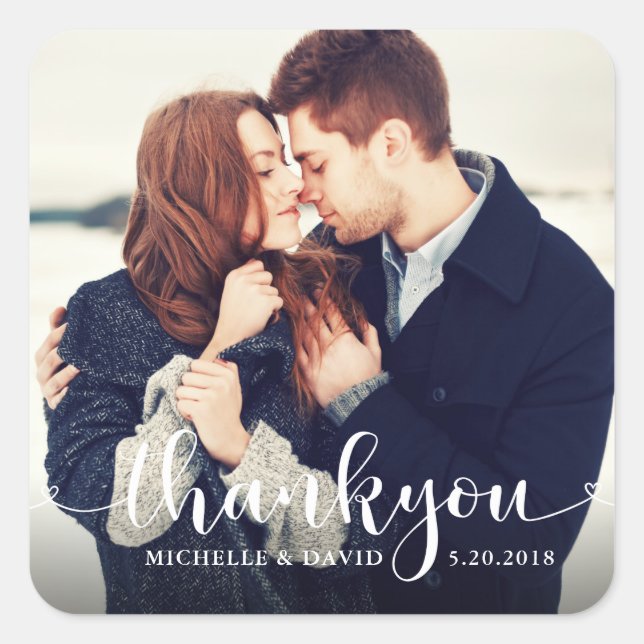 Lovely Script Wedding Foto Vielen Dank Quadratischer Aufkleber (Vorderseite)