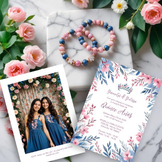 Lovely Twins Botanical Frame Tiara Spanish Photo Einladung