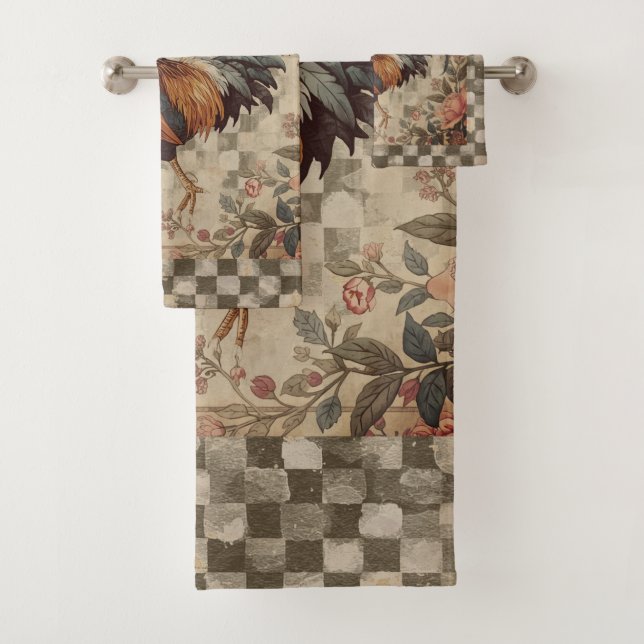 Lovely Vintage Rooster and Flowers Pattern  Badhandtuch Set (Insitu)