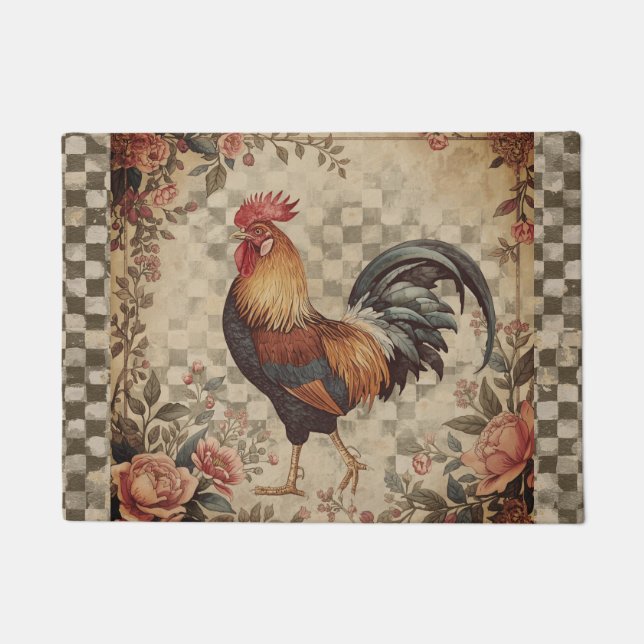 Lovely Vintage Rooster and Flowers Pattern  Fußmatte (Vorderseite)