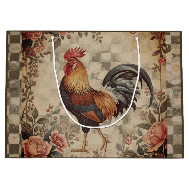 Lovely Vintage Rooster and Flowers Pattern  Große Geschenktüte (Vorderseite)