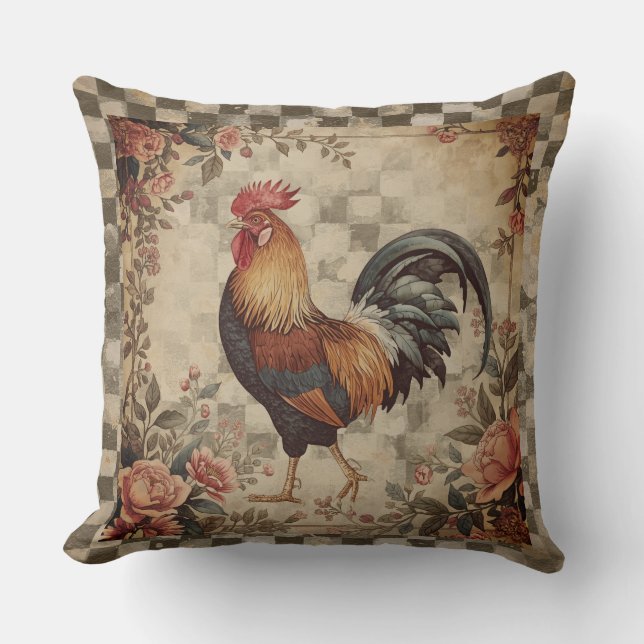 Lovely Vintage Rooster and Flowers Pattern Kissen (Vorderseite)