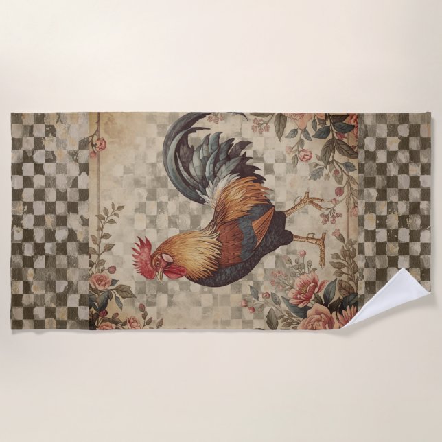 Lovely Vintage Rooster and Flowers Pattern  Strandtuch (Vorderseite)