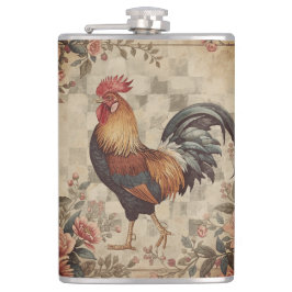 Lovely Vintage Rooster ,Flowers Pattern, Checke Flachmann