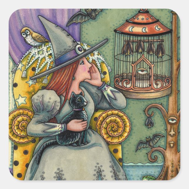 LOVELY WITCH, CAT & HER PETS, BVT CAGE, HALLOWEWEE QUADRATISCHER AUFKLEBER (Vorderseite)
