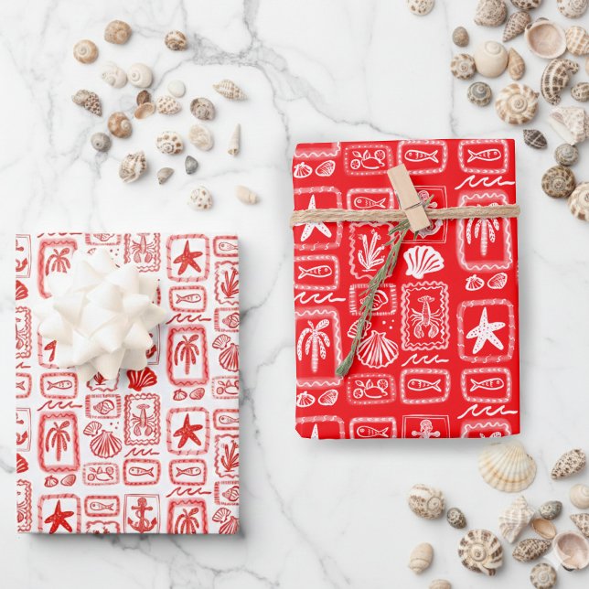 LoveNotes vom Sea Beach Ocean Modernes CUSTOM Geschenkpapier Set (LoveNotes from the Sea Beach Ocean Modern CUSTOM Red White Wrapping Paper Sheets
)