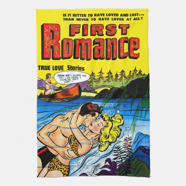 Lovers Ocean Romance Vintage Comicen Geschirrtuch (Vertikal)