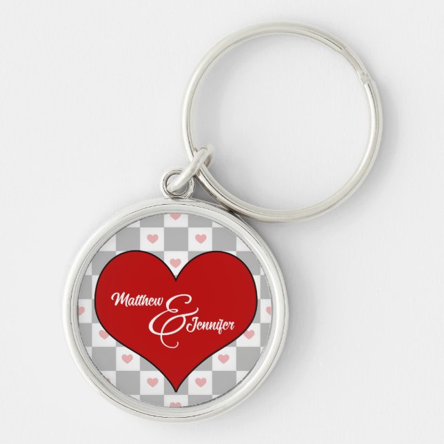 Lover's Red Heart Checkerboard mit Namen Schlüsselanhänger (Vorne)
