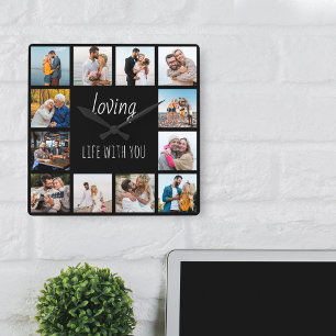 Loving Life with You Zitat 12 Foto Schwarz Quadratische Wanduhr