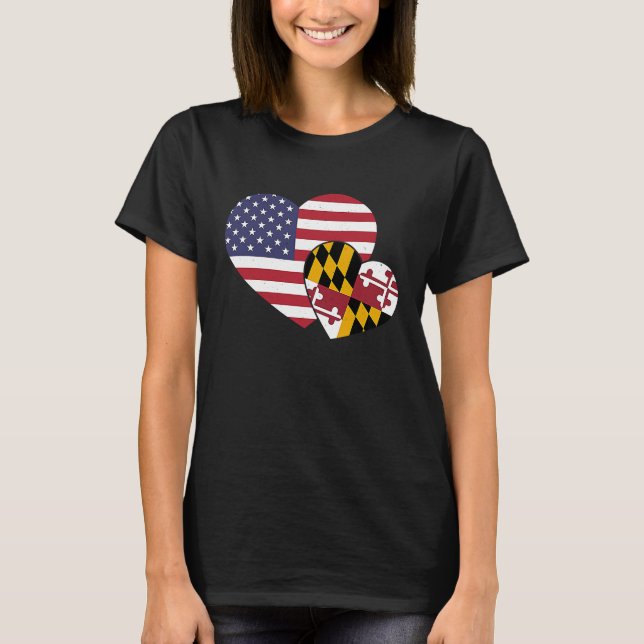 Loving USA & Maryland State Flag Heart Proud Ameri T-Shirt (Vorderseite)