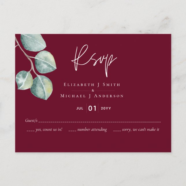 Low Budget BURGUNDY White EUCALYPTUS Wedding Postkarte (Vorderseite)