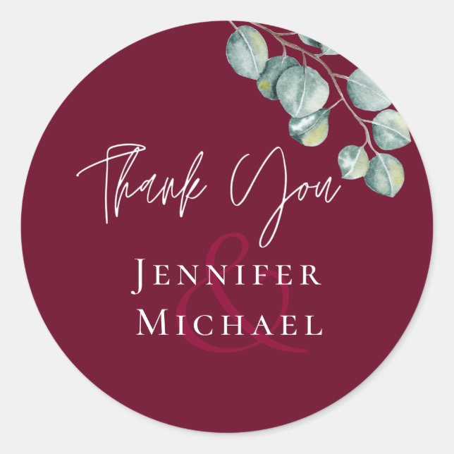 Low Budget BURGUNDY White EUCALYPTUS Wedding Runder Aufkleber (Vorderseite)