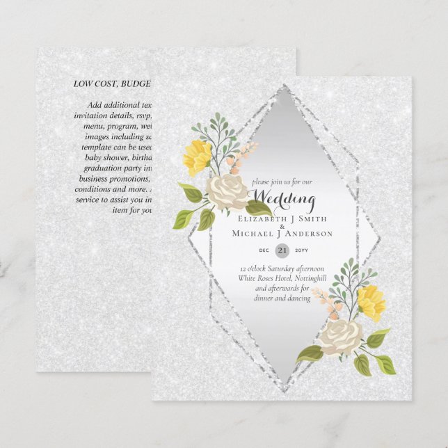 LOW BUDGET White Rose Gelbe Blume Hochzeit einlade (Vorne/Hinten)