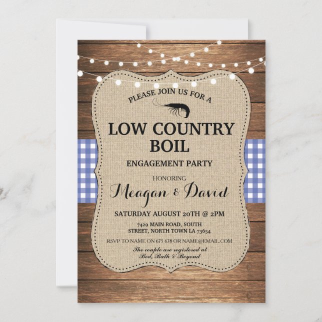 Low Country Boil Engagement Party Blauer Karo Einladung (Vorderseite)
