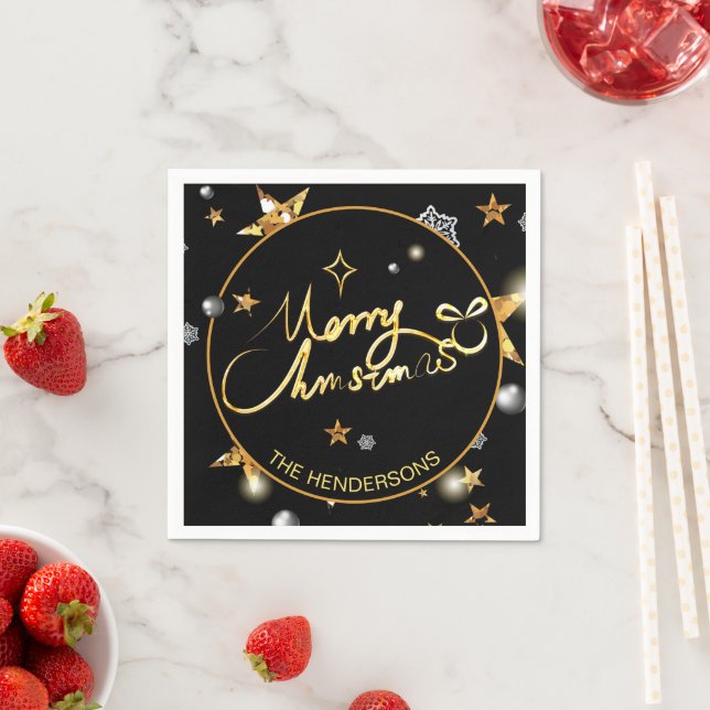 Low-key Luxus Gold Black Metallic Stars Xmas Serviette (Beispiel)