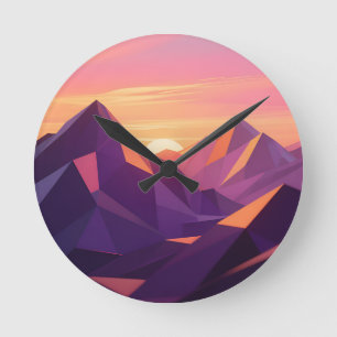 Low Poly Berg Sonnenuntergang Geometrisch Runde Wanduhr