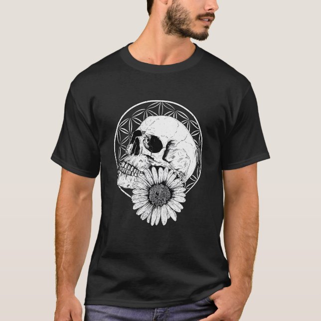 Lowbrow Macabre Streetwear Skull And Flower Black  T-Shirt (Vorderseite)