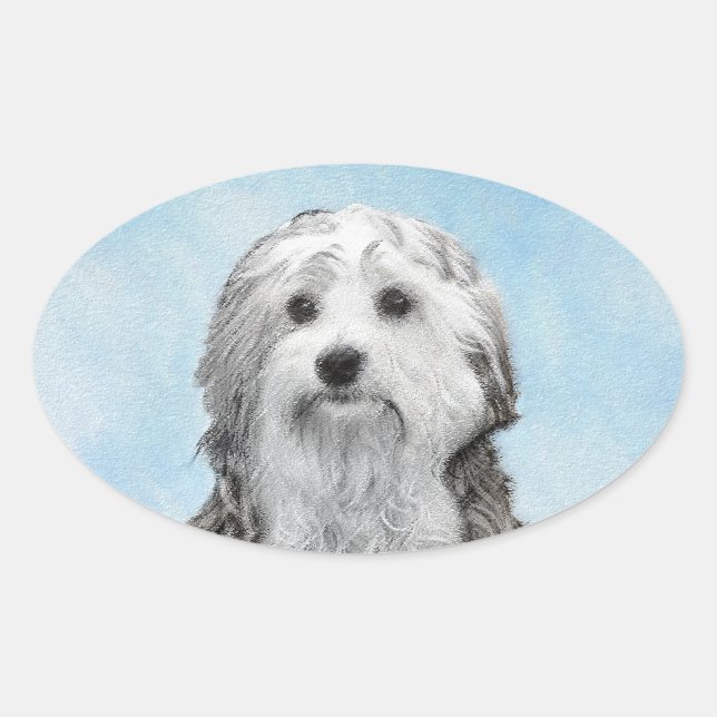Lowchen Malerei - Niedliche Original Hunde Kunst Ovaler Aufkleber (Vorderseite)