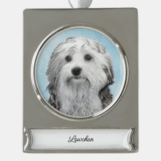 Lowchen Malerei - Niedliche Original Hunde Kunst S Banner-Ornament Silber (Vorderseite)