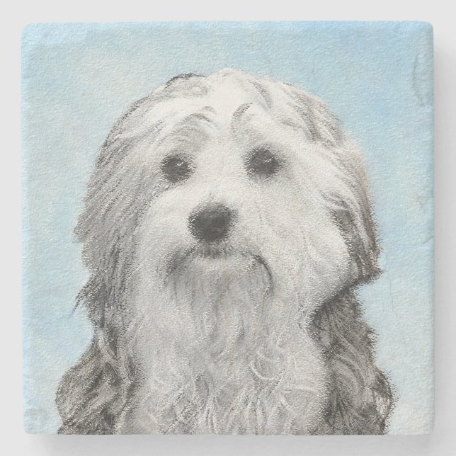 Lowchen Malerei - Niedliche Original Hunde Kunst Steinuntersetzer (Vorderseite)