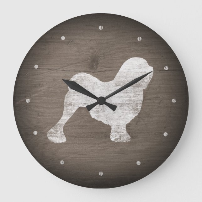 Lowchen Silhouette Rustikaler Stil Große Wanduhr (Vorderseite)